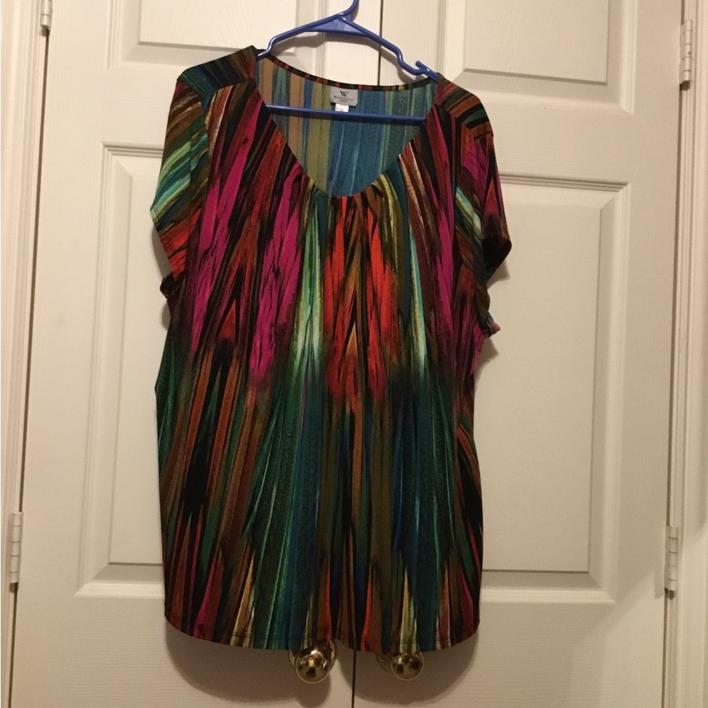 Worthington Green and Pink Graphic Short Sleeve Blouse